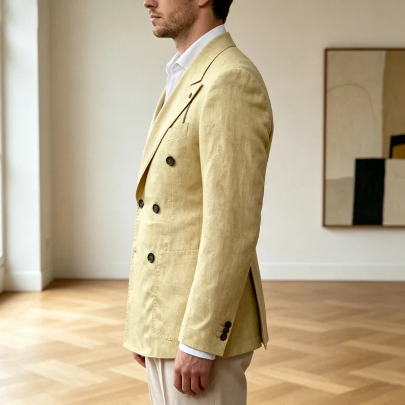 Men's Linen Blazer Notch Lapel Slim Fit Double Breasted Lightweight Breathable Suit Jacket Casual Business Coat for Daily Wear
