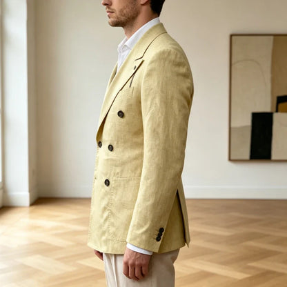 Men's Linen Blazer Notch Lapel Slim Fit Double Breasted Lightweight Breathable Suit Jacket Casual Business Coat for Daily Wear