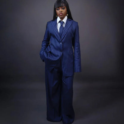 Classic Women Navy Blue Pinstripe Suit 2 Pieces Single Breasted Jacket Wide Leg Pants Set Formal Office Business Powerful Outfit