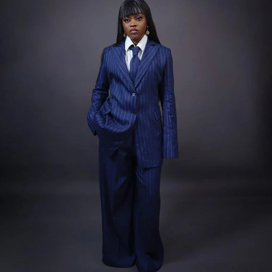 Classic Women Navy Blue Pinstripe Suit 2 Pieces Single Breasted Jacket Wide Leg Pants Set Formal Office Business Powerful Outfit