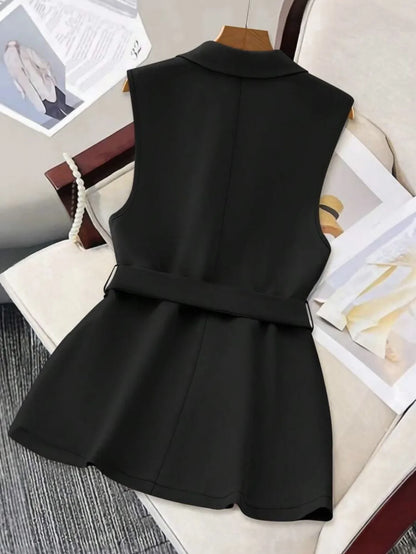 Fashion Sleeveless Slim Suit Collar Women Vest Spring Autumn New Single Breasted Elegant Lace Up Female Versatile Vest Tops 2025