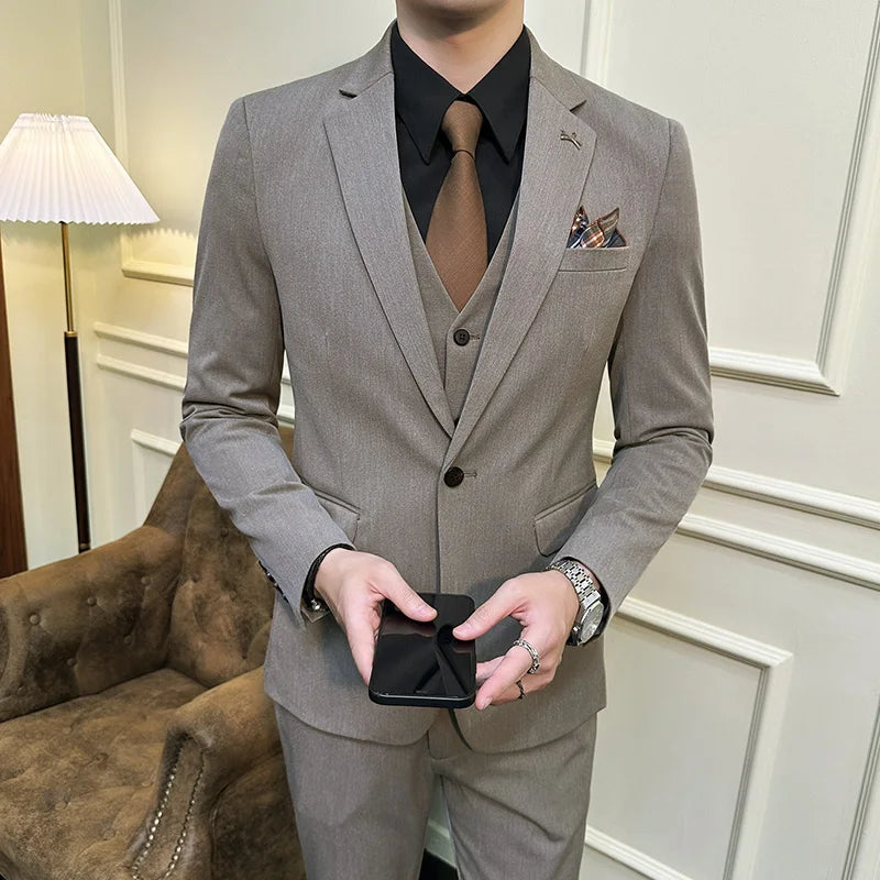2025 Men's Wedding Suit Vest Trousers Set Fashionable Handsome Solid Color Groom's Three-Piece Outfit Available in Sizes M-7XL