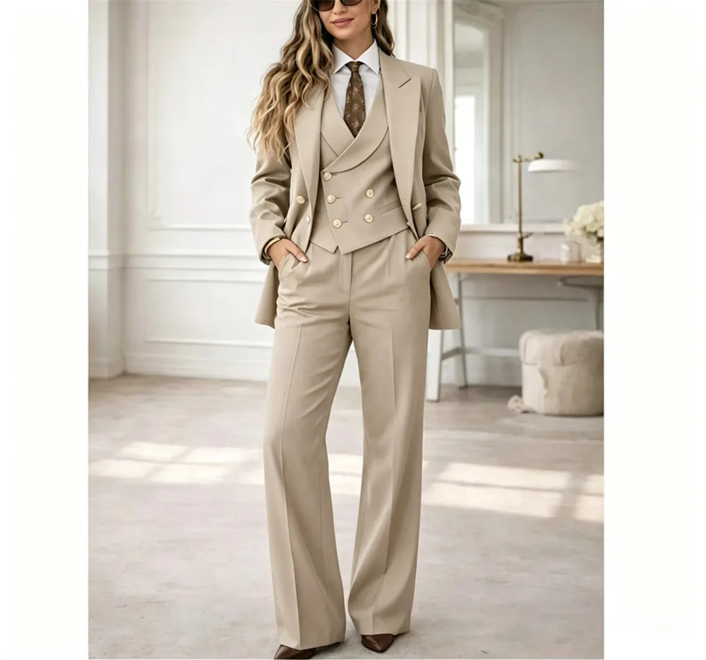Classic Womens 3 Piece Suit Tailored Pantsuit Costume Femme Chic Elegant Wedding Guest Power Suit Mariage (Jacket+Vest+Pants)