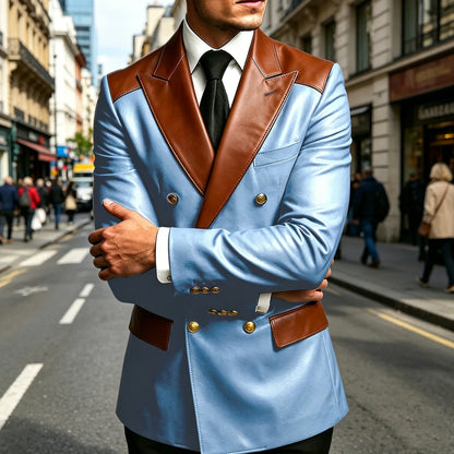 Luxury Men's Colorblock Leather Blazer Double Breasted Notched Lapel Business Casual Suit Jacket Fashion Formal Wear for Wedding