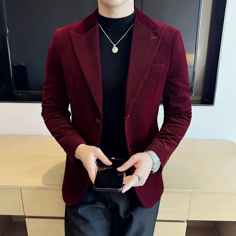 Autumn Winter New Corduroy Striped Suit Jacket Men High Quality Slim Fit Business Social Formal Suit Coats Tailcoat Men Clothing