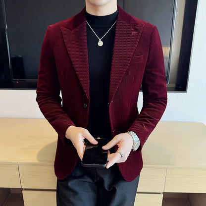 Autumn Winter New Corduroy Striped Suit Jacket Men High Quality Slim Fit Business Social Formal Suit Coats Tailcoat Men Clothing