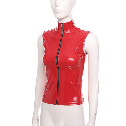 Adults Wet Look Sleeveless Waistcoat Women Fashion Zipper Vest Patent Leather Tops Vests Nightclub Clubwear Clubbing Costume