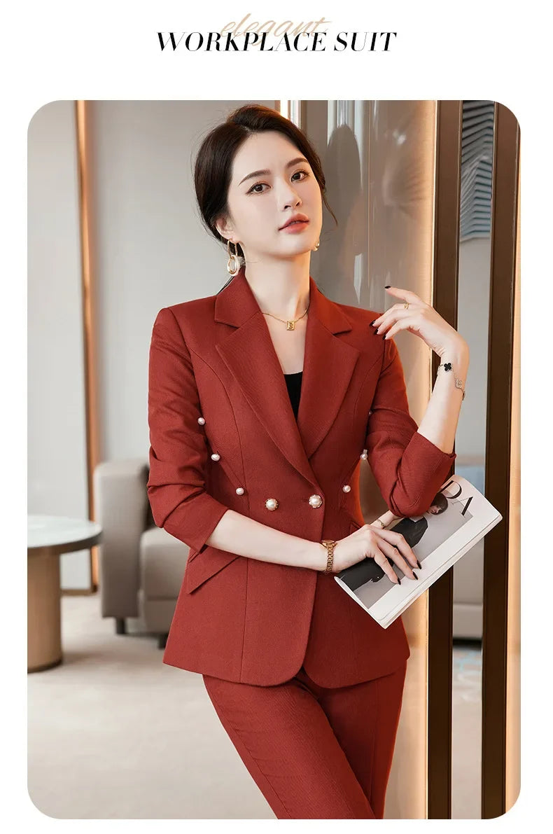 Office Lady Formal Blazer Pants Suits 2 Piece Matching Set Conjuntos Para Mujeres Plus Size Jacket Split Flare Pants Sets New