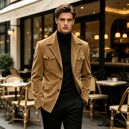 Men's Corduroy Blazer Jacket Slim Fit Notched Lapel Casual Business Coat With Four Flap Pockets For Daily Work Streetwear
