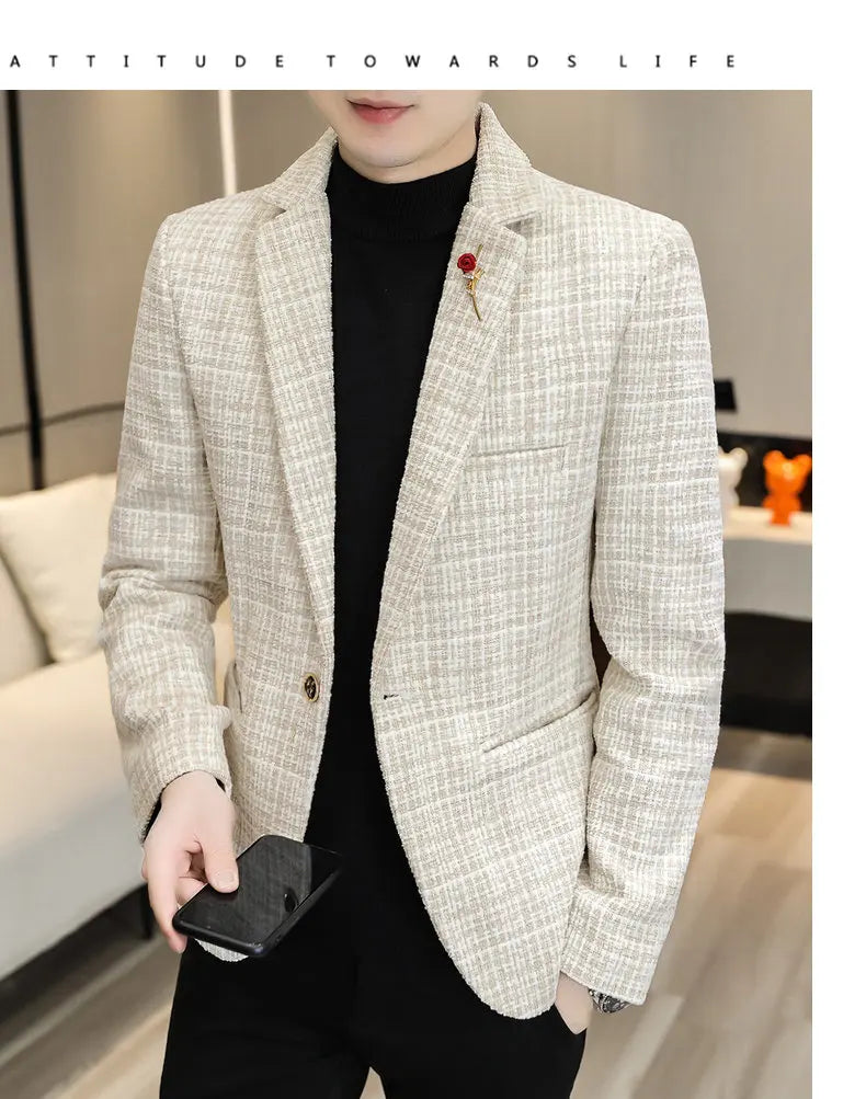 Korean Fashion Woven Suit Jacket for Men Autumn Slim Fit Casual Men Blazers Street Wear Social Business Dress Coats Men Clothing