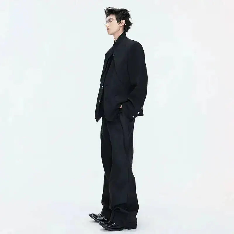 2026 Spring Patchwork Design Cross Collar Solid Color Casual Jacket Men Fashion Elegant Temperament Straight Pants JY6553