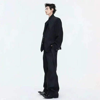 2026 Spring Patchwork Design Cross Collar Solid Color Casual Jacket Men Fashion Elegant Temperament Straight Pants JY6553