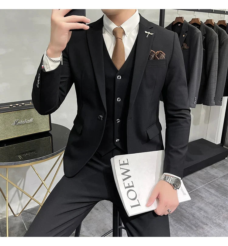 (Jacket +Vest+Pants) Plus Size 7XL-S Men Korean Slim Fit Groom Wedding Business Casual Tuxedo Mens Work Social Suit 3 Pieces