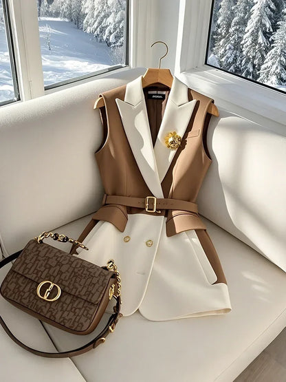 Y2k Vintage Block Coffee Blazers Vest Women Korean Sleeveless Jackets Coat Belt Women Temperament Formal Outerwear Office Lady