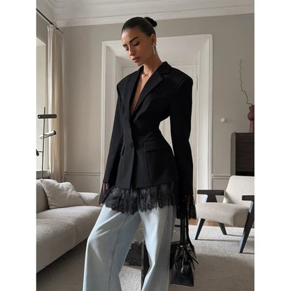 Elegant Black Lace Splice Long Sleeve Women's  Commute Style Fashion Design Polyester Fabric Business Casual Coat