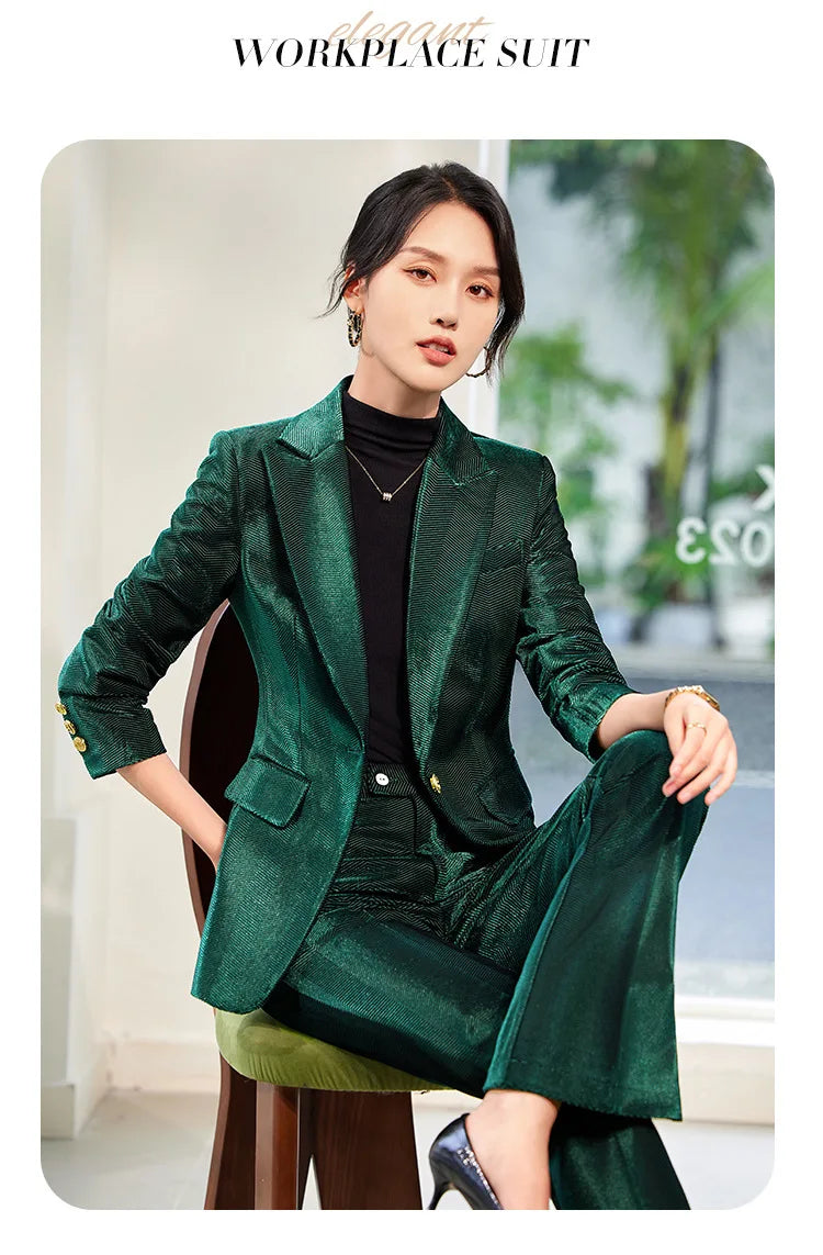 Pleuche Two Piece Sets Womens Outifits 2024 New Fashion Slim Elegant Long Sleeve Blazer Office Lady Flare Pants Suits