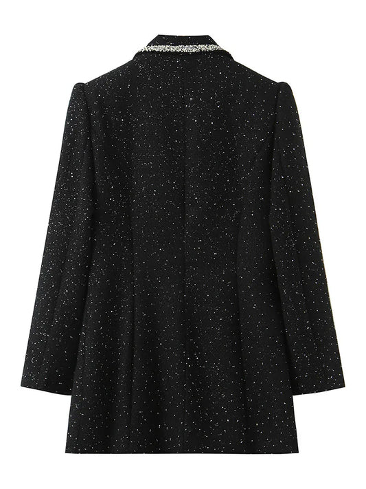 Women's Fashion Small Fragrance Sequined Patchwork Blazer Coat Female High Street Casual Double-Breasted Long-Sleeved Jacket