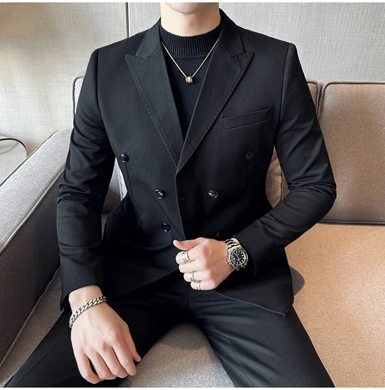 Autumn High-quality Double Breasted Slim Fit Suit Jacket Men Versatile Casual Business Blazer Wedding Social Banquet Formal Coat