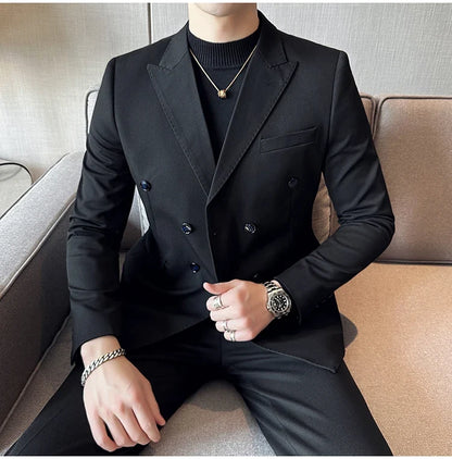 Autumn High-quality Double Breasted Slim Fit Suit Jacket Men Versatile Casual Business Blazer Wedding Social Banquet Formal Coat