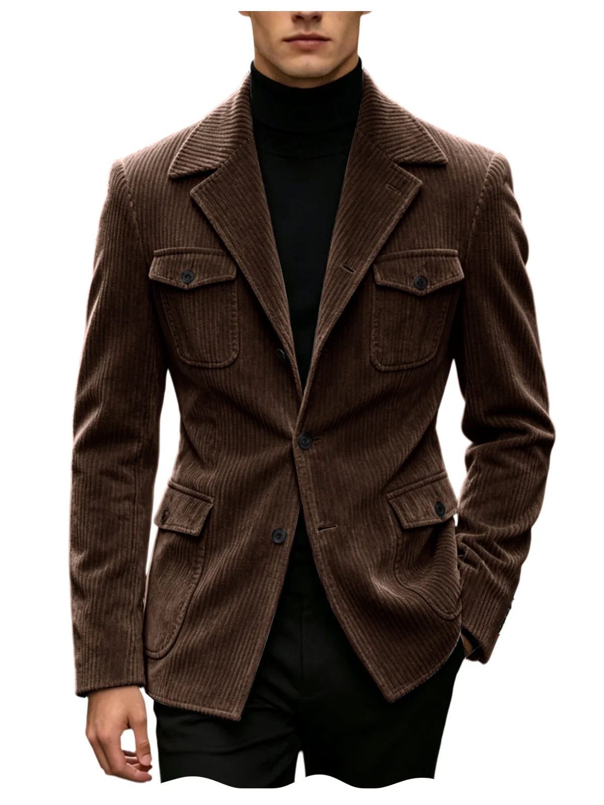 Men's Corduroy Blazer Jacket Slim Fit Notched Lapel Casual Business Coat With Four Flap Pockets For Daily Work Streetwear