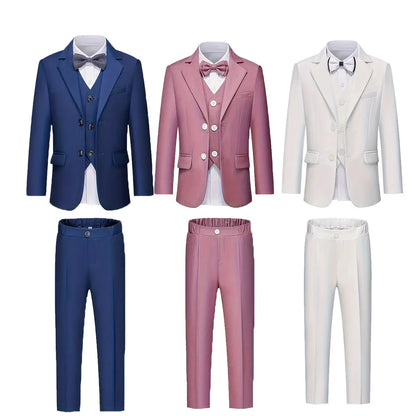 Kids Wedding Party Dress Boys Spring White 4Pieces/Set Jacket Vest Pants Bowtie Photography Suit Children Performance Costume