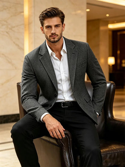 British Men's Blazer Vintage Herringbone Tweed Slim Fit Suit Jacket Wool Blend Formal Business Casual Sport Coat Wedding Office