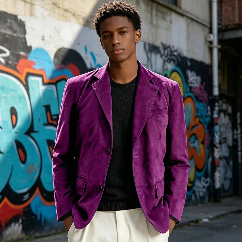 Men's Faux Suede Blazer – Retro Notched Lapel Single-Breasted Jacket for Wedding, Business & Daily Wear