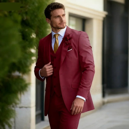 3PCS Formal Solid Men's Suit Set - Wedding Business Party Prom Classic Occasion Jacket Vest Pants Ensemble