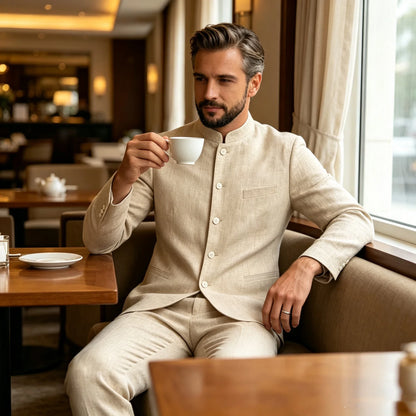 Chinese Suit for Men 2 Piece Suits Slim Fit Chinese Tunic Suits Stand Collar Weddig Prom Suit Blazer Pants Set Outfit