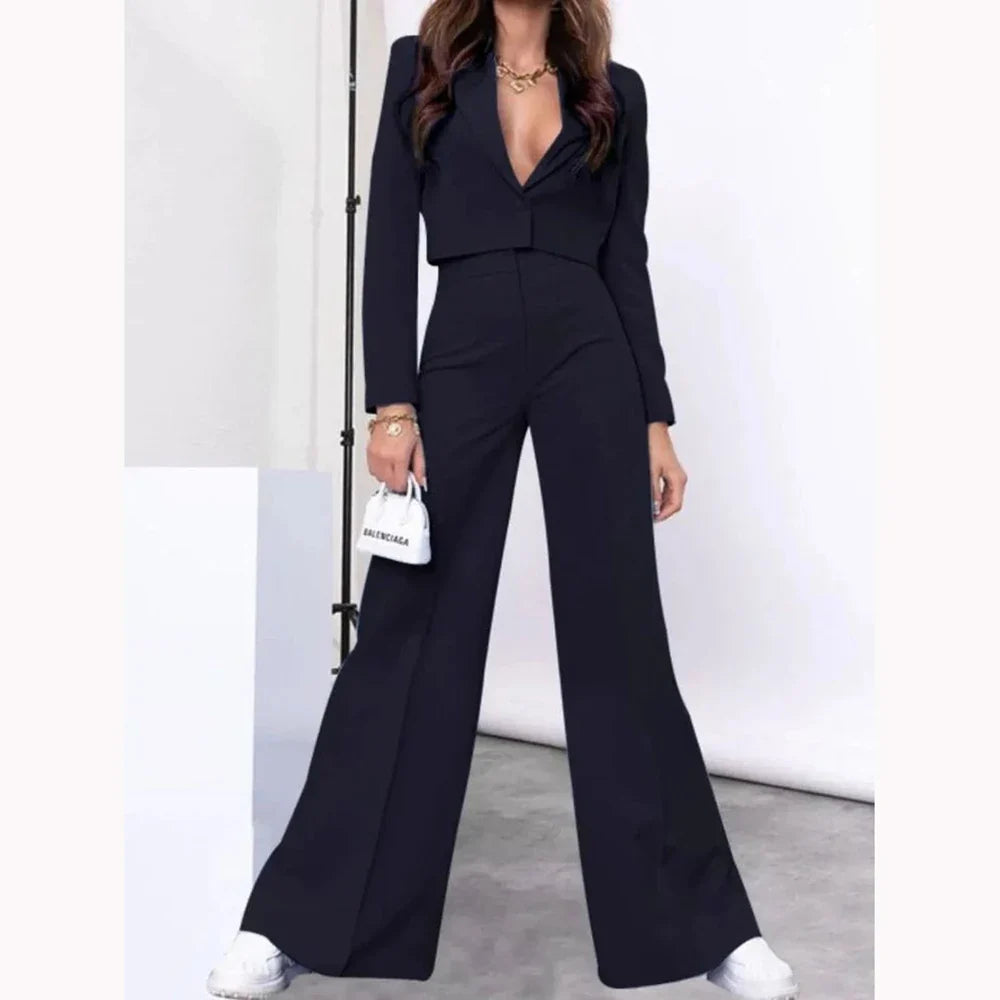 Single-grain Buckle Women Suit Two Pieces(Short Jacket+Pants) Peaked Lapel Office Lady for Business Daily Shopping Set Custom