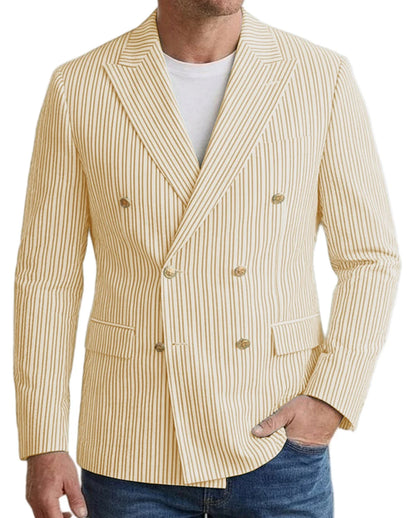 Vintage Men's Striped Double Breasted Blazer Casual Business Suit Jacket Lightweight Notched Lapel Sport Coat Wedding Party Wear