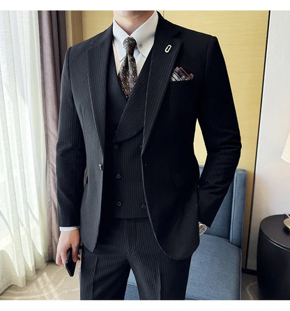 (Jackets+Pants+Vest) Luxury Stripe Men Suit Korean Version Fashion Elegant Slim Fit Tuxedo Formal Groom Wedding Social Suits
