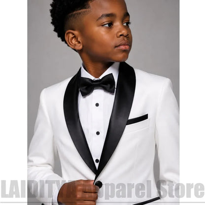 Boys White Tuxedo Suit with Black Satin Shawl Lapel Kids Formal Wedding Outfit Blazer Pants Bow Children Party Costume 2 Piece
