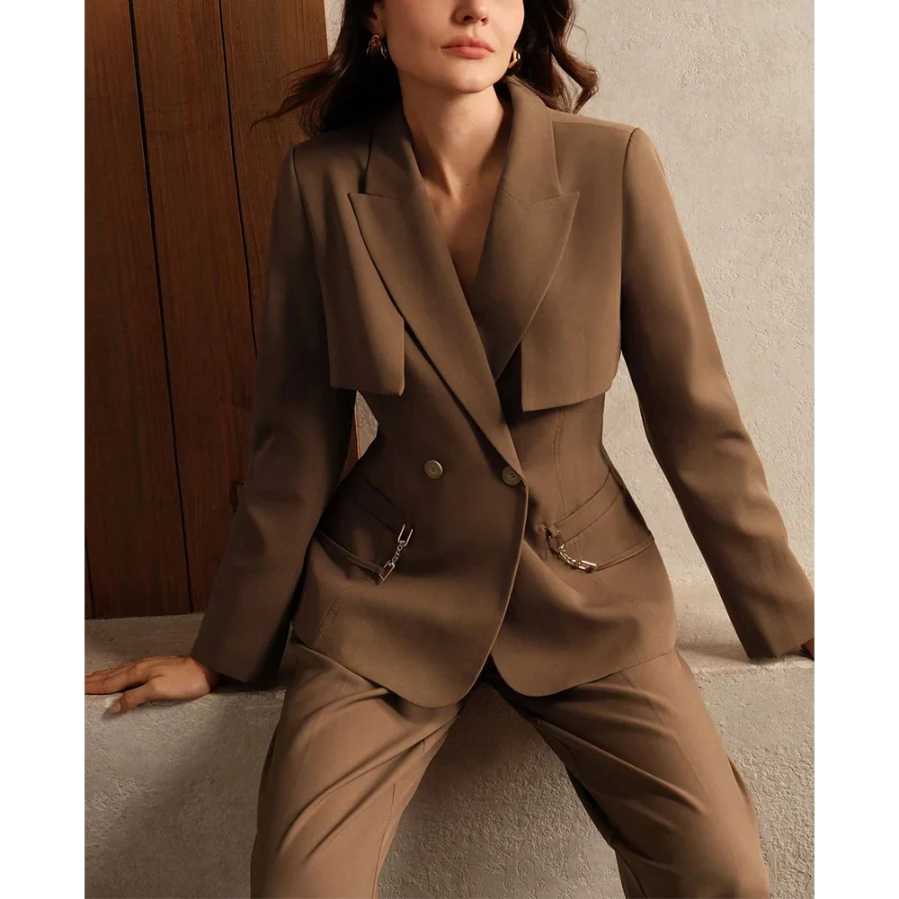Professional Women's Suit High Quality Two Pieces Peaked Lapel Solid Color Double Button Female Formal Clothes Lady Sets