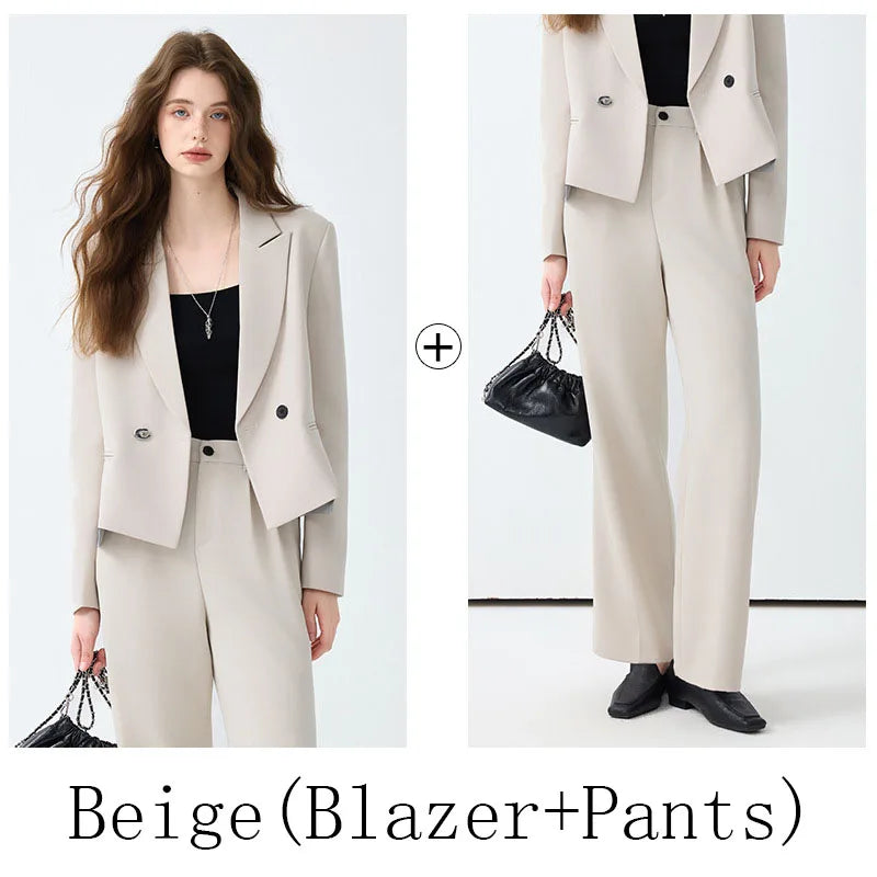 Solid Suits for Women 2025 Spring Fashion Office Ladies Long Sleeve Double Breasted Short Tops Chic Cargo Pant Suits