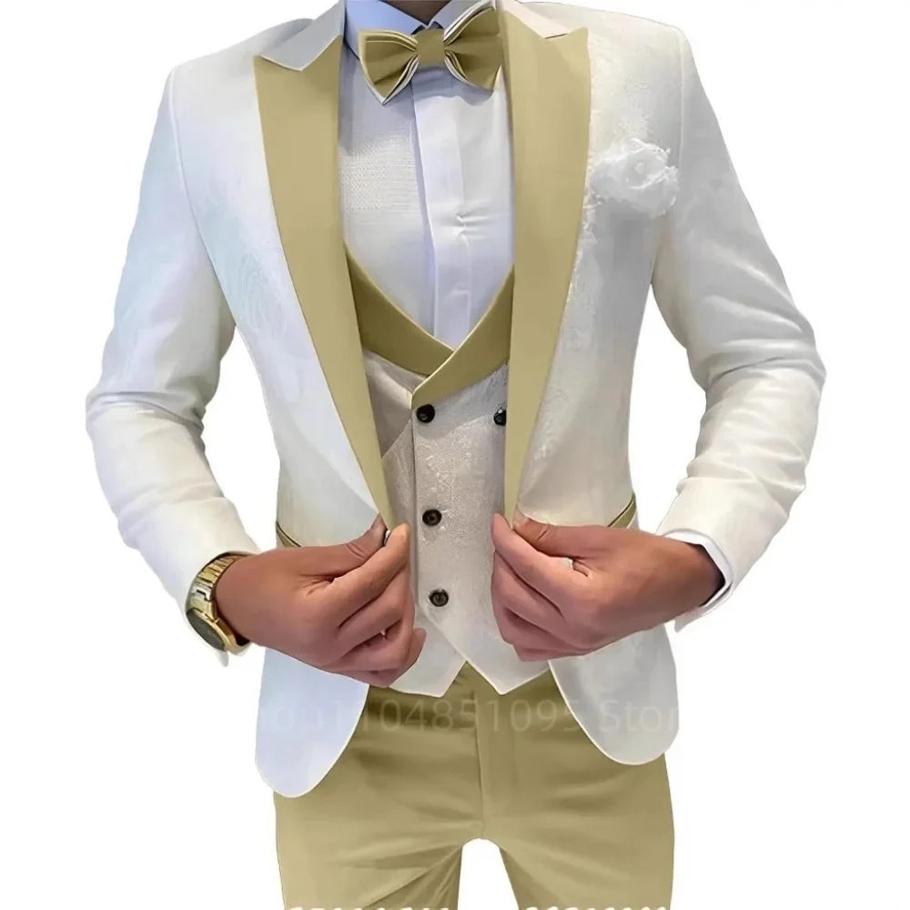Men's Jacquard 3-Piece Suit Set – Blazer, Double-Breasted Vest & Tailored Trousers for Weddings & Formal Occasions