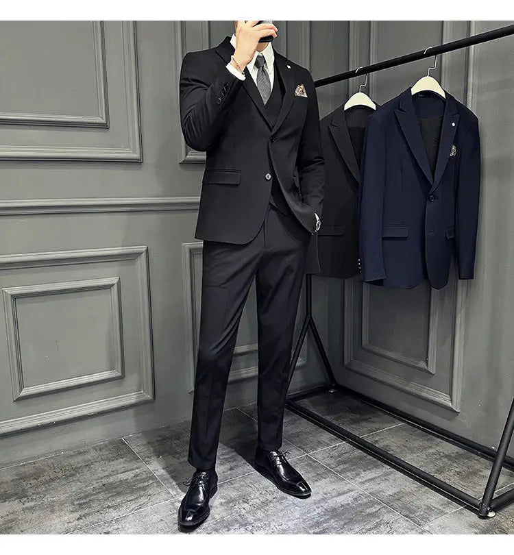 Men's 3 Piece Suit Set Double‑Button Slim Fit Solid Color Business Casual Wedding Party Jacket Vest Pants Formal Outfit for Men