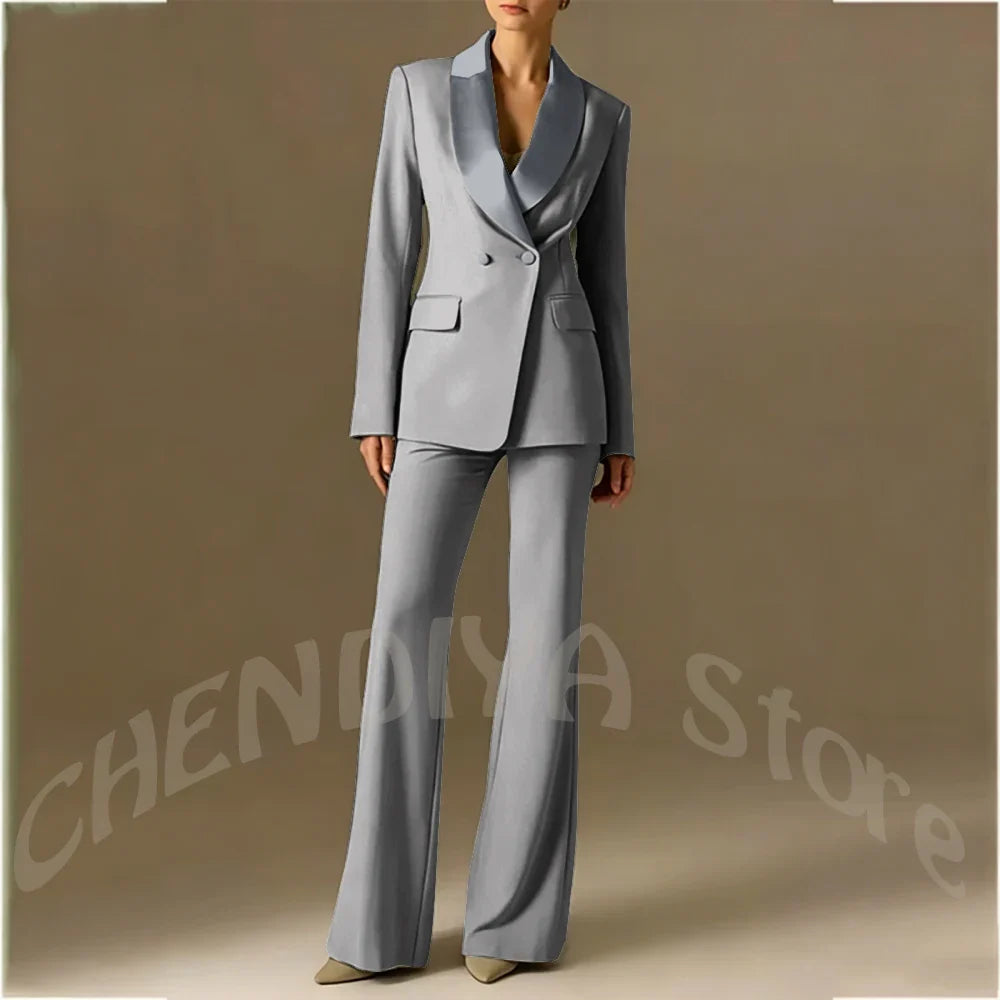 Classic Shawl Lapel Suit For Women Elegant Double Breasted Outfit Solid Color Two Piece Straight Modern Style Office Wear