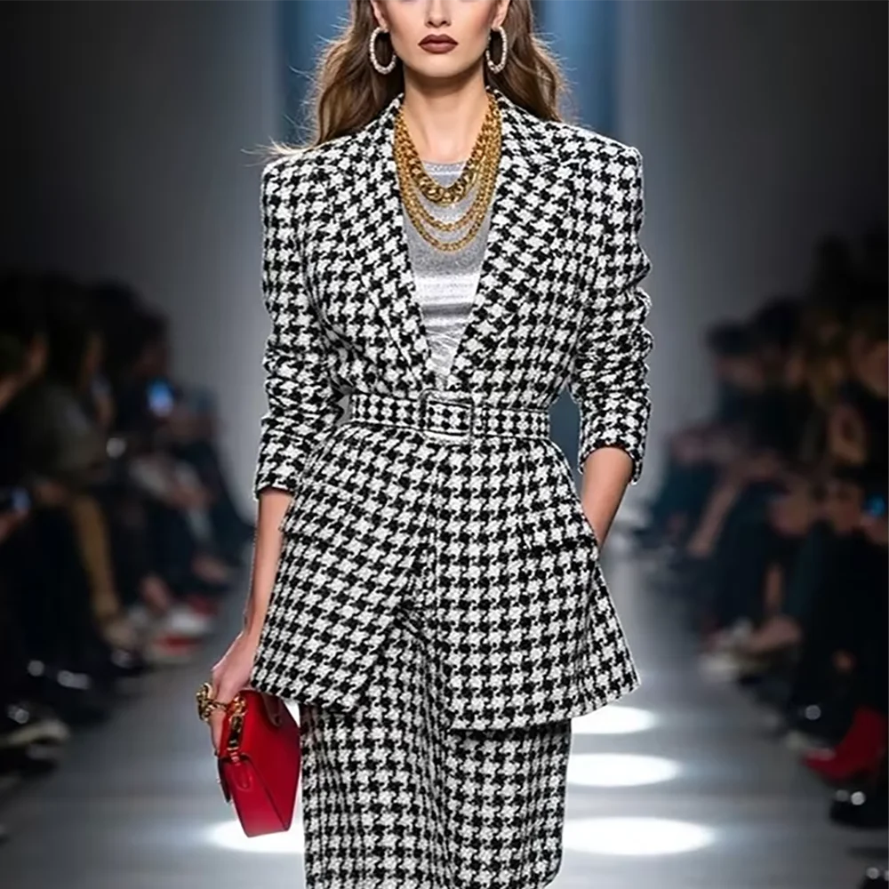 Classic Houndstooth 2 Pieces Women Suit Set Peaked Lapel Belted Blazer Pants Straight Fit Fashion Runway Party Prom Outfit