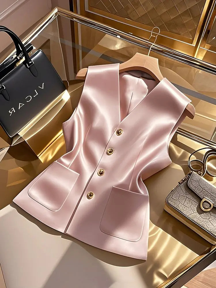 Elegant Pink Satin Waistcoat Vest For Women V‑neck Sleeveless Blazer Vest Pockets Slim Office Business Formal Lady Outerwear Top