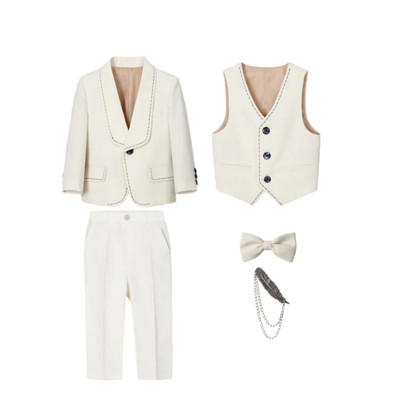 Children's Beige Blazer Set Kids Formal Wedding Birthday Party Suit Set Boys Jacket Vest Pants Bowtie Brooch 5Pieces Clothes Set