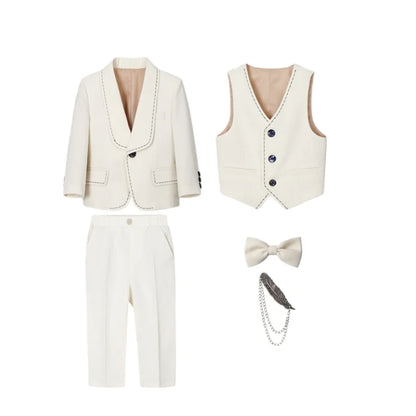 Kids Spring Autumn 5Pieces Suit Set With Jacket Vest Pants Bowtie Brooch Boys Wedding Birthday Party Performance Costume