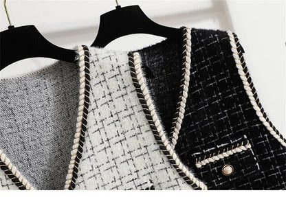 Women's Contrast Knitted Vest New Autumn Short Sleeveless Jacket V-neck Single Breasted Waistcoat Female Coats Chaleco Mujer