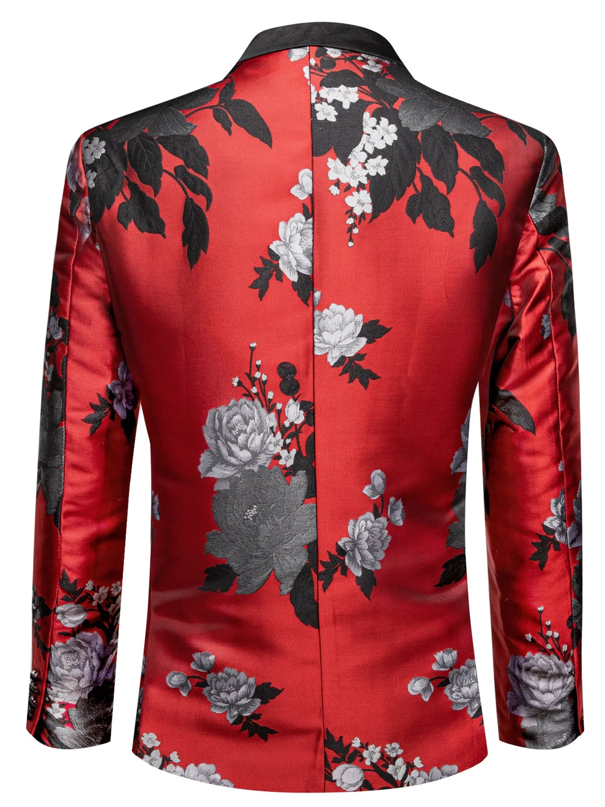 Red Base Grey Peony Floral Jacquard Mens Tuxedo Blazer, Shawl Lapel Single Button Formal Jacket Wedding Host Costume