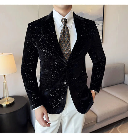 2025 Autumn New Velvet Jacket Men's Blazer Business Fashion Hot Stamping Printed Suit Jacket High-quality Luxury Dress Suit