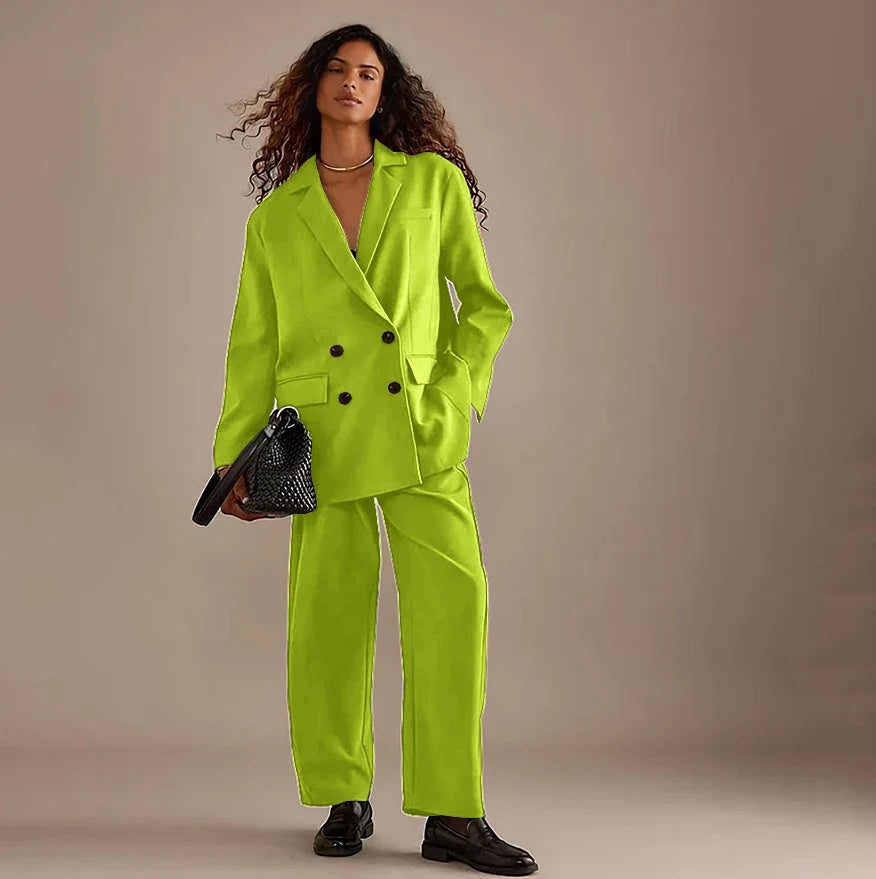 Leisure Brown Double Breasted Women Pants Set High-end Female Two Pieces(Jacket+Trousers)أطقم بناطيل