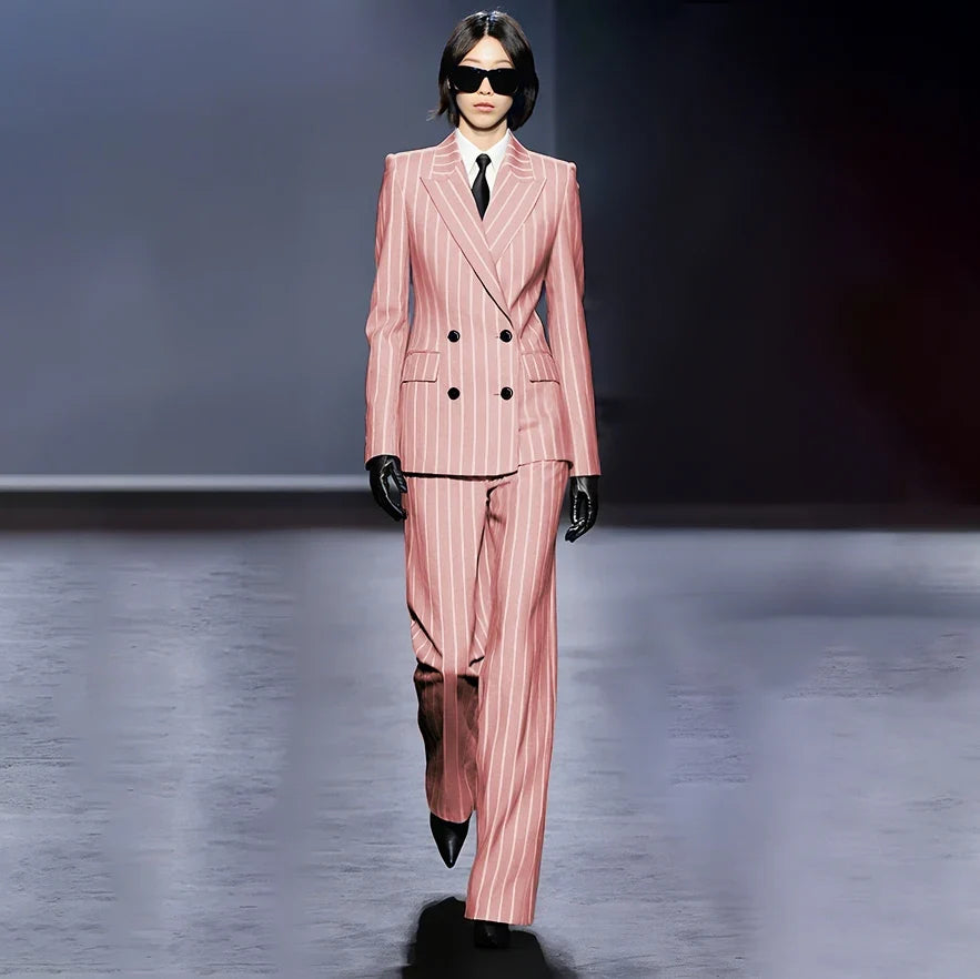 Dark Blue Stripes Women Suit Customized Double-breasted Peak Lapel Two Pieces(Jacket+Pants) Business Office Lady Competent Set