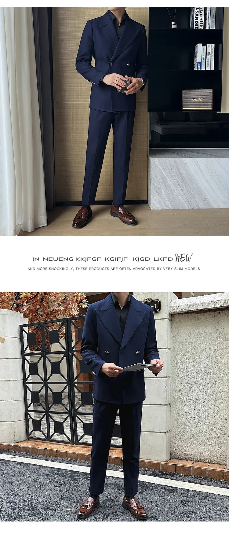 (Jackets+Pant)Fashion Double Breasted Design Men Suit Italian Style Luxury Elegant Business Social Wedding Dress Thick Suit 2Pcs