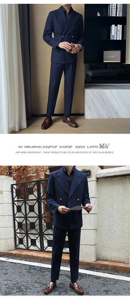 (Jackets+Pant)Fashion Double Breasted Design Men Suit Italian Style Luxury Elegant Business Social Wedding Dress Thick Suit 2Pcs