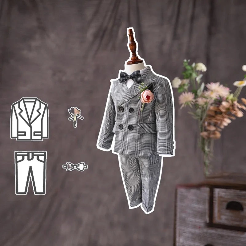 Flower Boys Gray Wedding Suit Set Kids Formal Birthday Photography Outfit Children's Piano Host Performance Costume